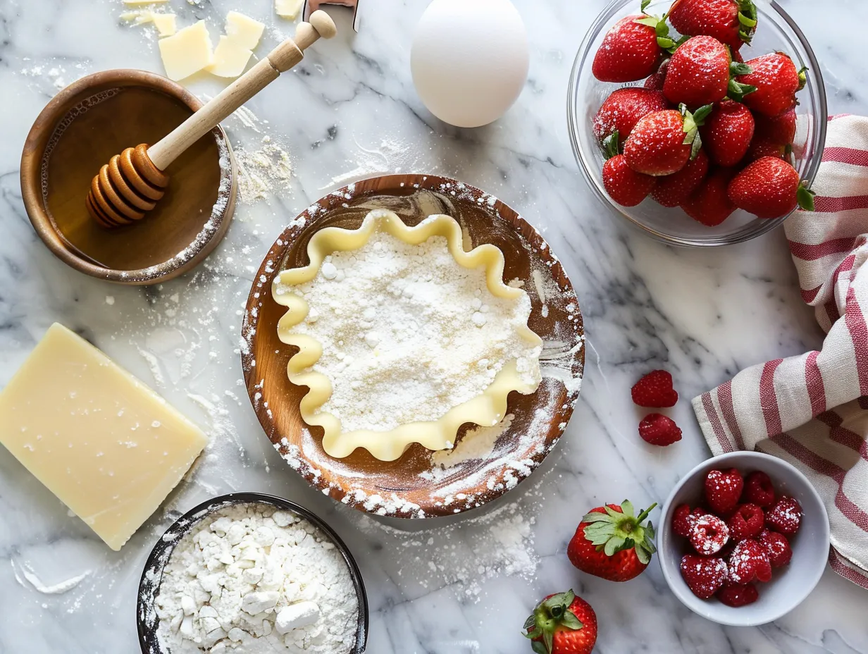 Ingredients for Strawberry Lasagna including golden Oreos, strawberries, cream cheese, and whipped topping.