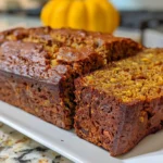 Top-Down View of Sliced Pumpkin Zucchini Bread on a Wooden Cutting Board