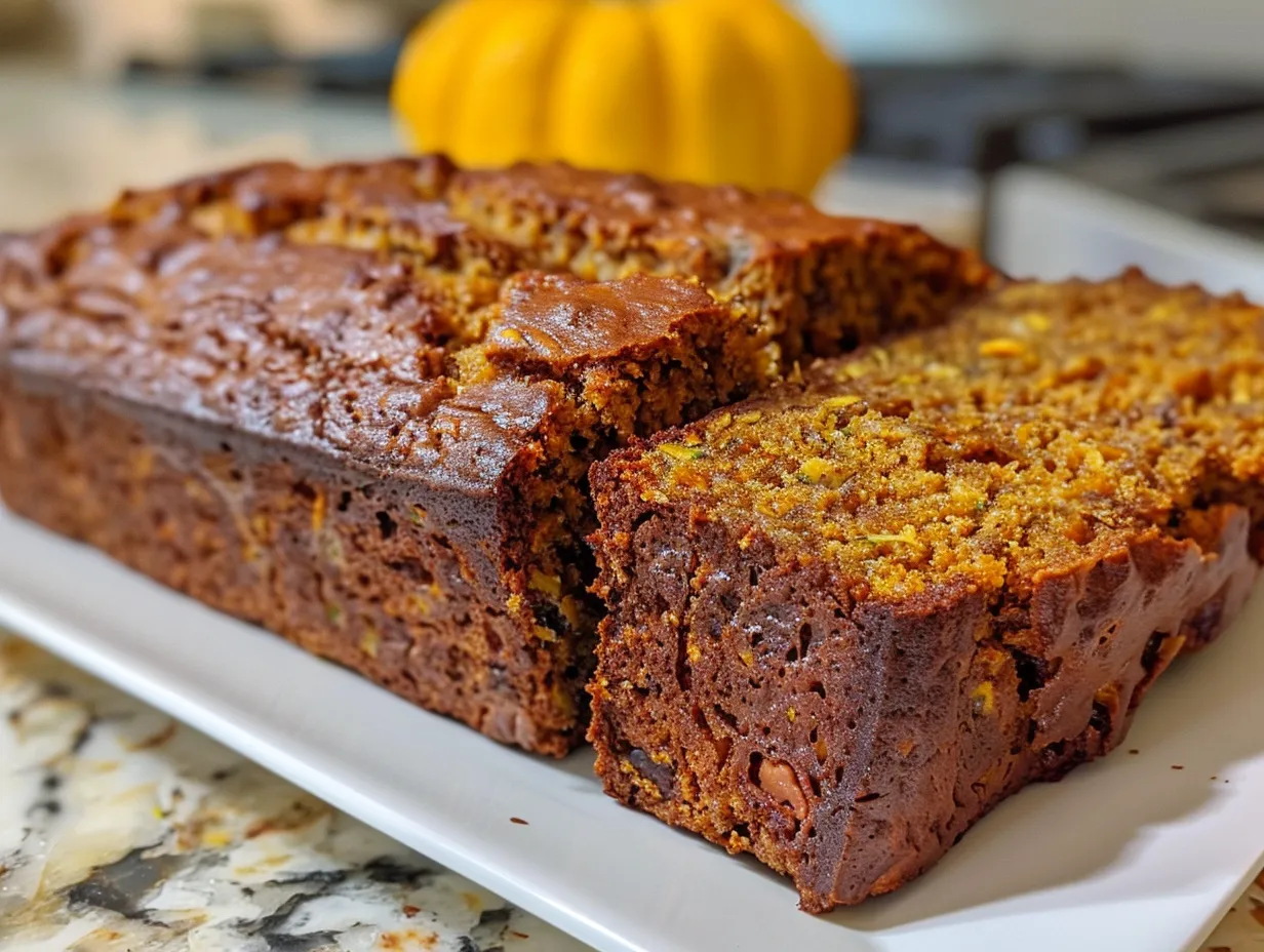 Top-down view of sliced pumpkin zucchini bread on a wooden cutting board, showcasing its moist texture and warm color.