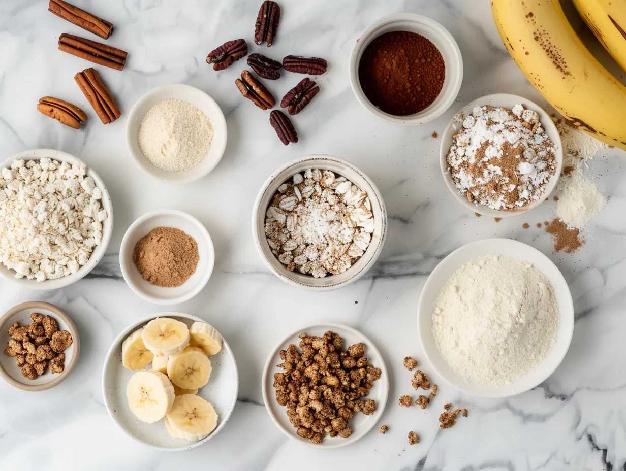 Ingredients for Vegan Banana Bread with Cinnamon Crunch Topping including bananas, flour, sugar, and spices.