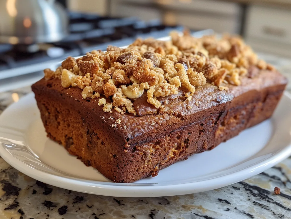 Delicious Vegan Banana Bread with Cinnamon Crunch Topping on a plate.