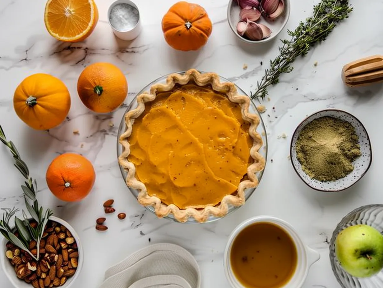 Ingredients for Vegan Thanksgiving Pot Pie, including vegetables, spices, and vegan puff pastry.