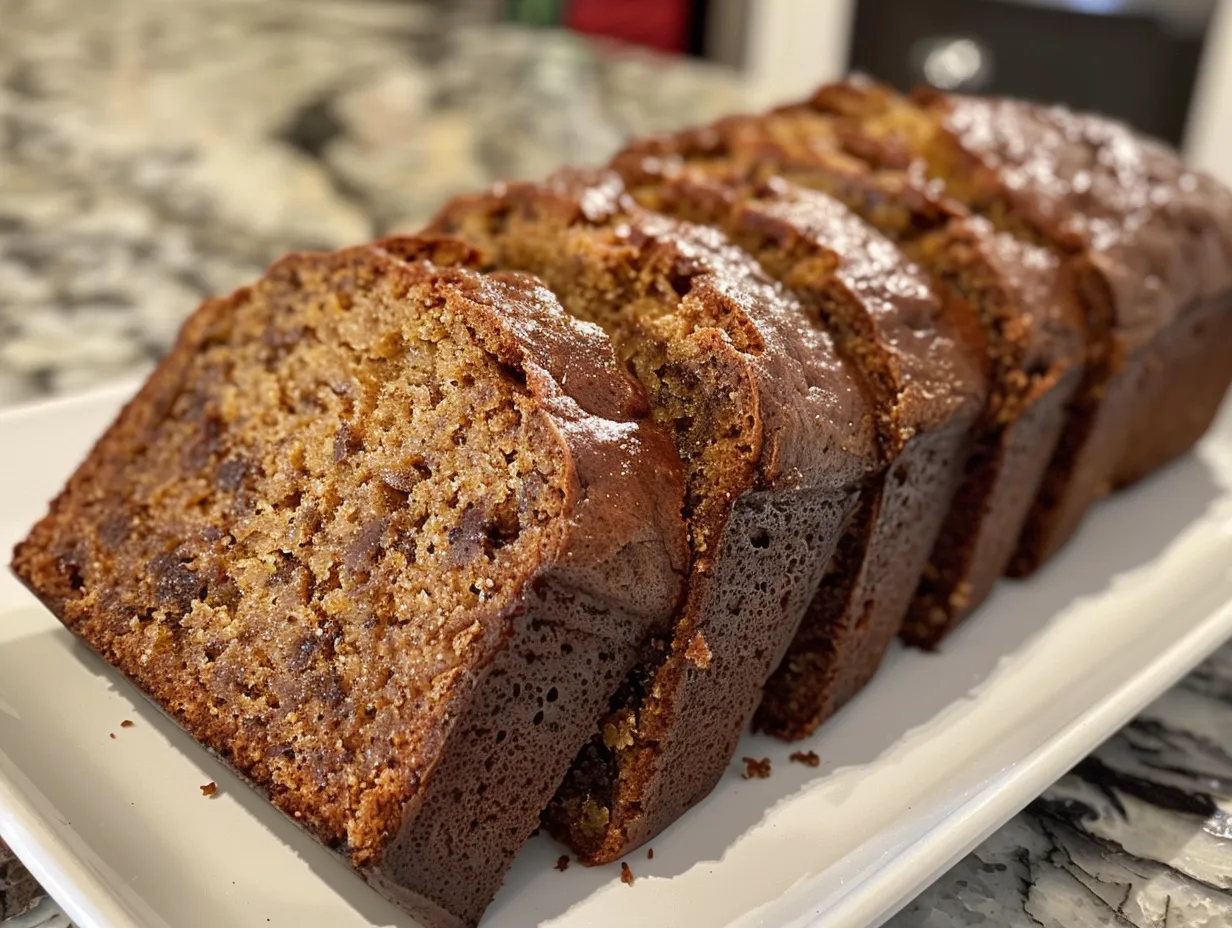 Slices of warm Ginger Persimmon Bread on a wooden cutting board.