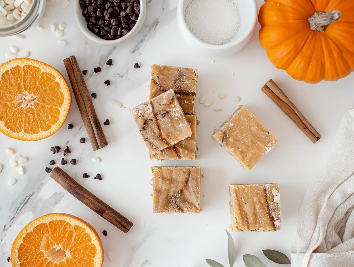 Ingredients for making Halloween Blondies including butter, sugar, flour, eggs, vanilla extract, baking powder, salt, and Halloween candy.