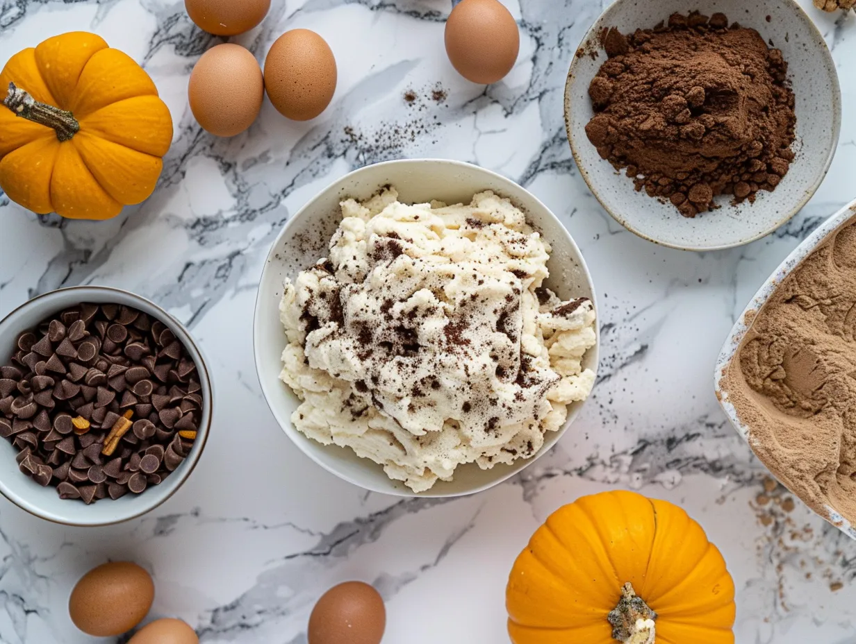 Ingredients for making a Halloween Cookie Cake, including cookie dough, butter, powdered sugar, milk, vanilla extract, gel food coloring, sprinkles and candies.