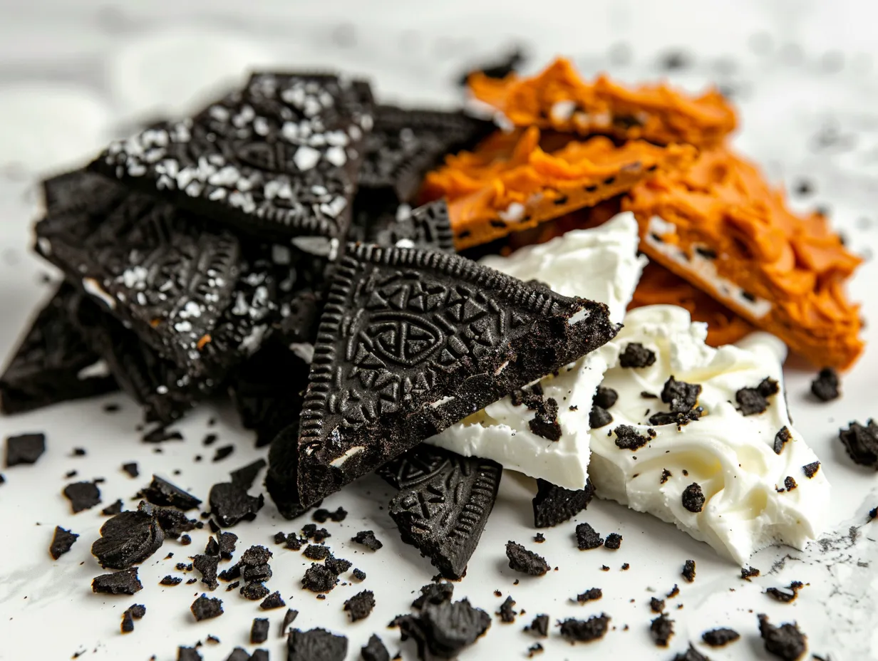 Ingredients for making Halloween Oreo Bark including white chocolate chips, Halloween Oreos, sprinkles, and coconut oil