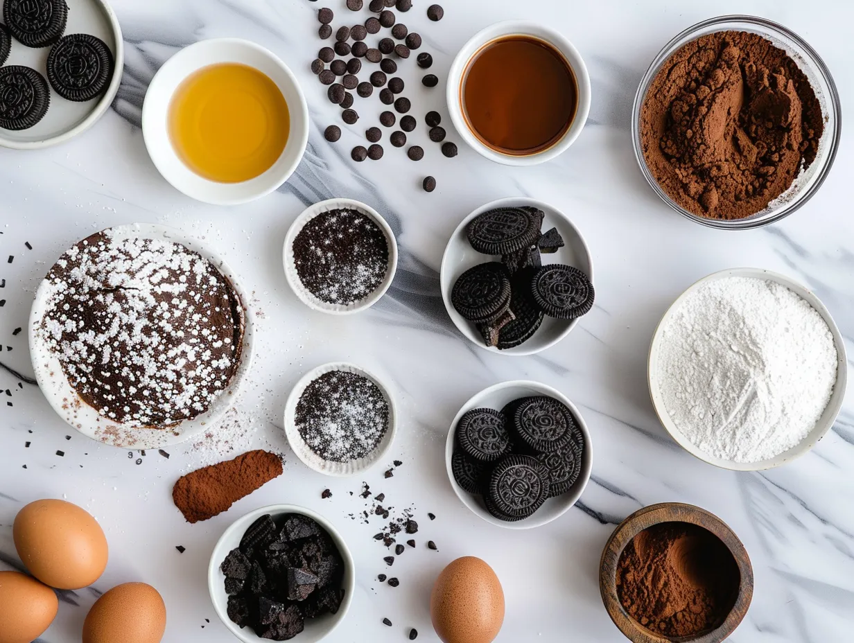 Ingredients needed to make Halloween Oreo Brownie Bars including brownie mix, Oreos, sprinkles, and chocolate chips