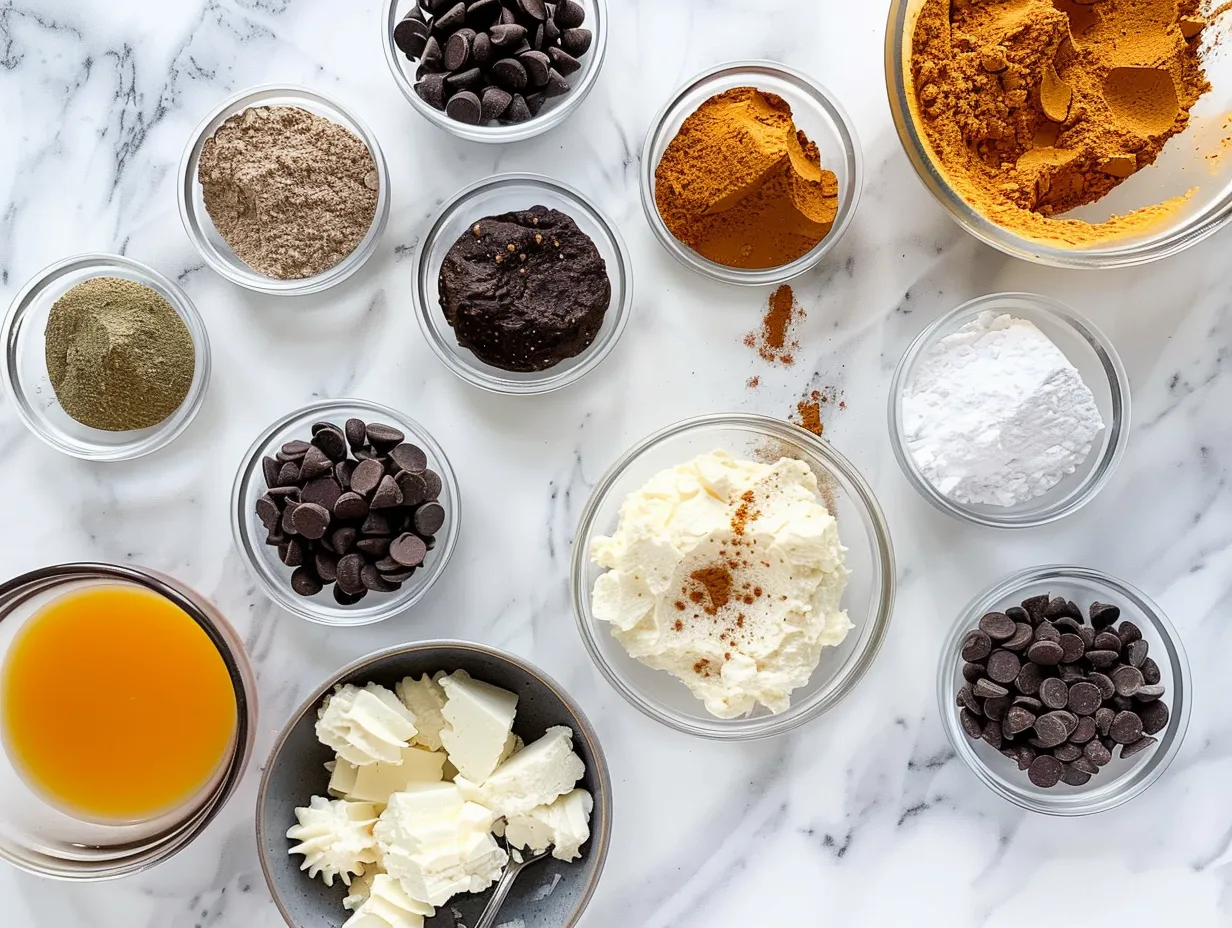 Ingredients for making pumpkin cheesecake truffles: cream cheese, pumpkin puree, powdered sugar, pumpkin pie spice, vanilla extract, salt, chocolate chips, and coconut oil.